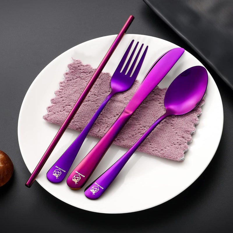 Boulder Bee | Travel Utensils Set | Reusable Camping Cutlery Set | Stainless Steel Flatware Set | Portable Silverware Set with Case | Includes Knife/Fork/Spoon/Straw/Cleaning Cloth/Case (Purple) - Image 2
